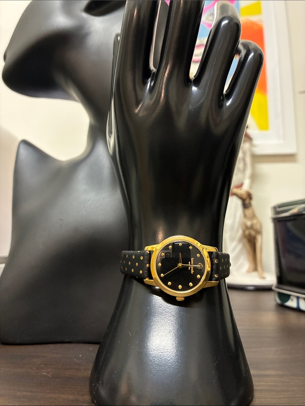 Kate Spade Gold-Tone Black Dial Women's Watch with Black & Gold Polka Dot Strap